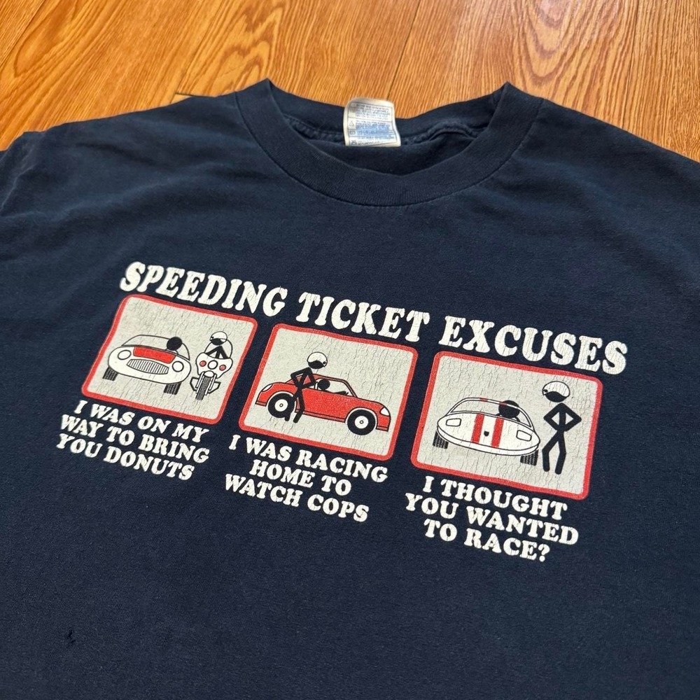 Speeding Ticket Excuses Comedy Men's Shirt Y2K Cops Navy Size Large - Picture 1 of 8